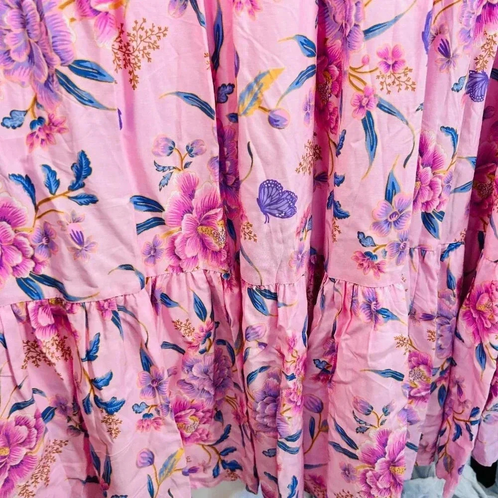 JAASE Tessa Maxi Dress Size Medium Ruffle Cottagecore Tiered 3/4 Sleeve Pink - Picture 6 of 10